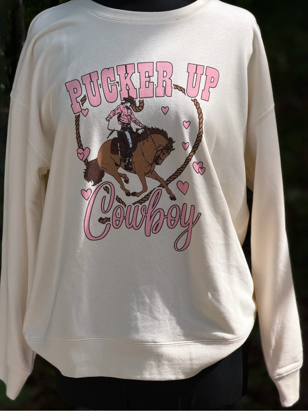 Francesca's Collections Cream Pullover with Pink Cowboy Graphic